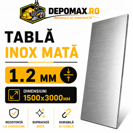 Tabla inox mata AISI 304 2B, 1.2 x 1500 x 3000 mm, 4.5 mp